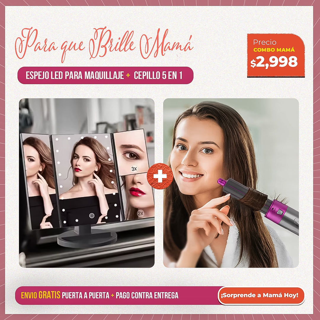 👉 Combo Glam Mamá 💖 | Espejo LED + Cepillo 5 en 1 | Regala Belleza y Estilo