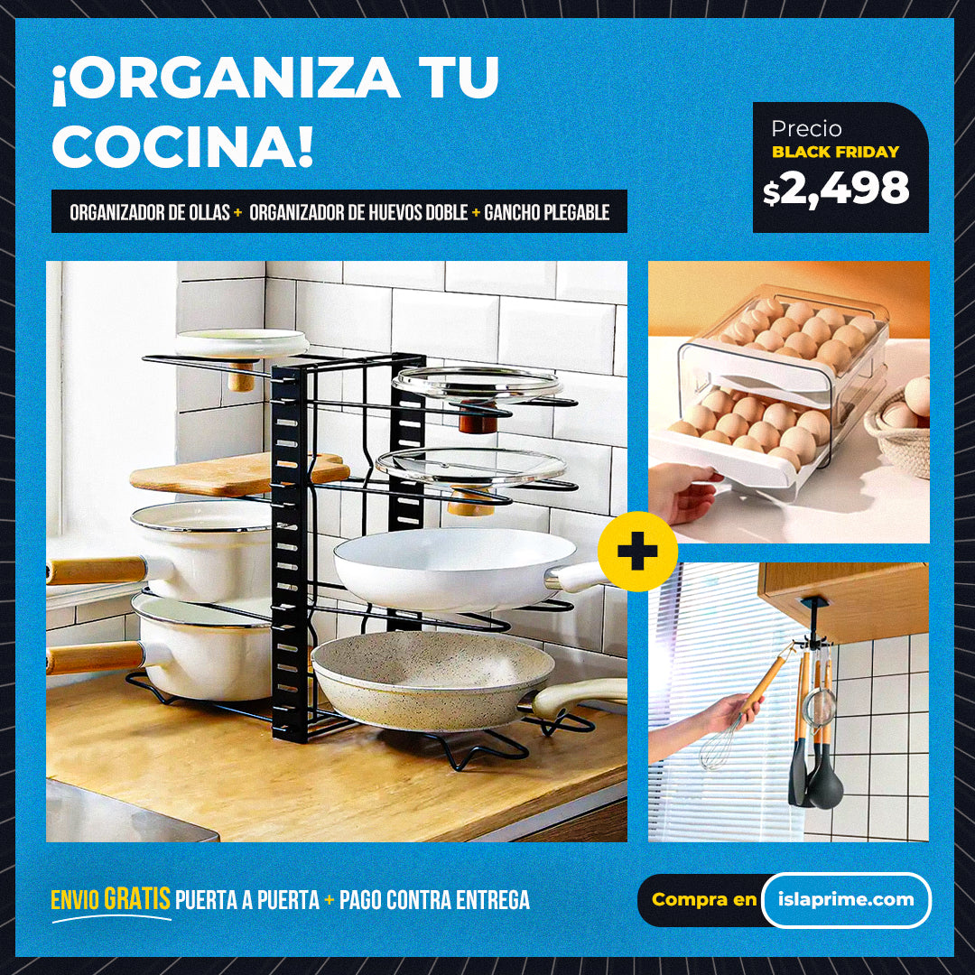 Combo Organizador de Ollas + Organizador de Huevos Doble + Gancho Plegable (Black Friday)