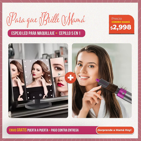 👉 Combo Glam Mamá 💖 | Espejo LED + Cepillo 5 en 1 | Regala Belleza y Estilo